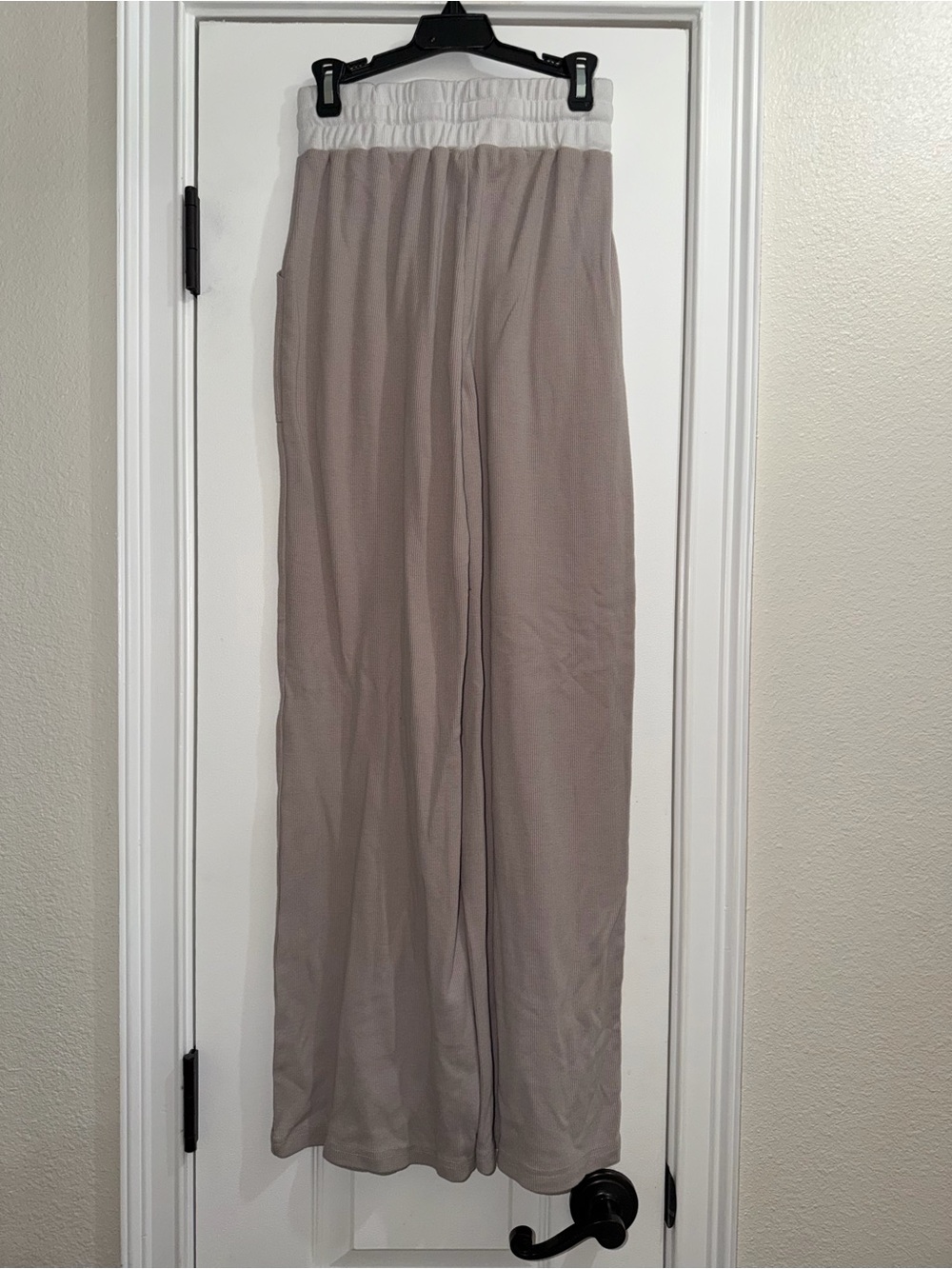 Wide Leg Drawstring Lounge Pants in Taupe with White Waistband - Picture 2 of 3